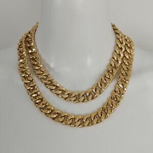 Vintage Thick Double Cuban Chain Statement Necklace Gold Tone 18"
